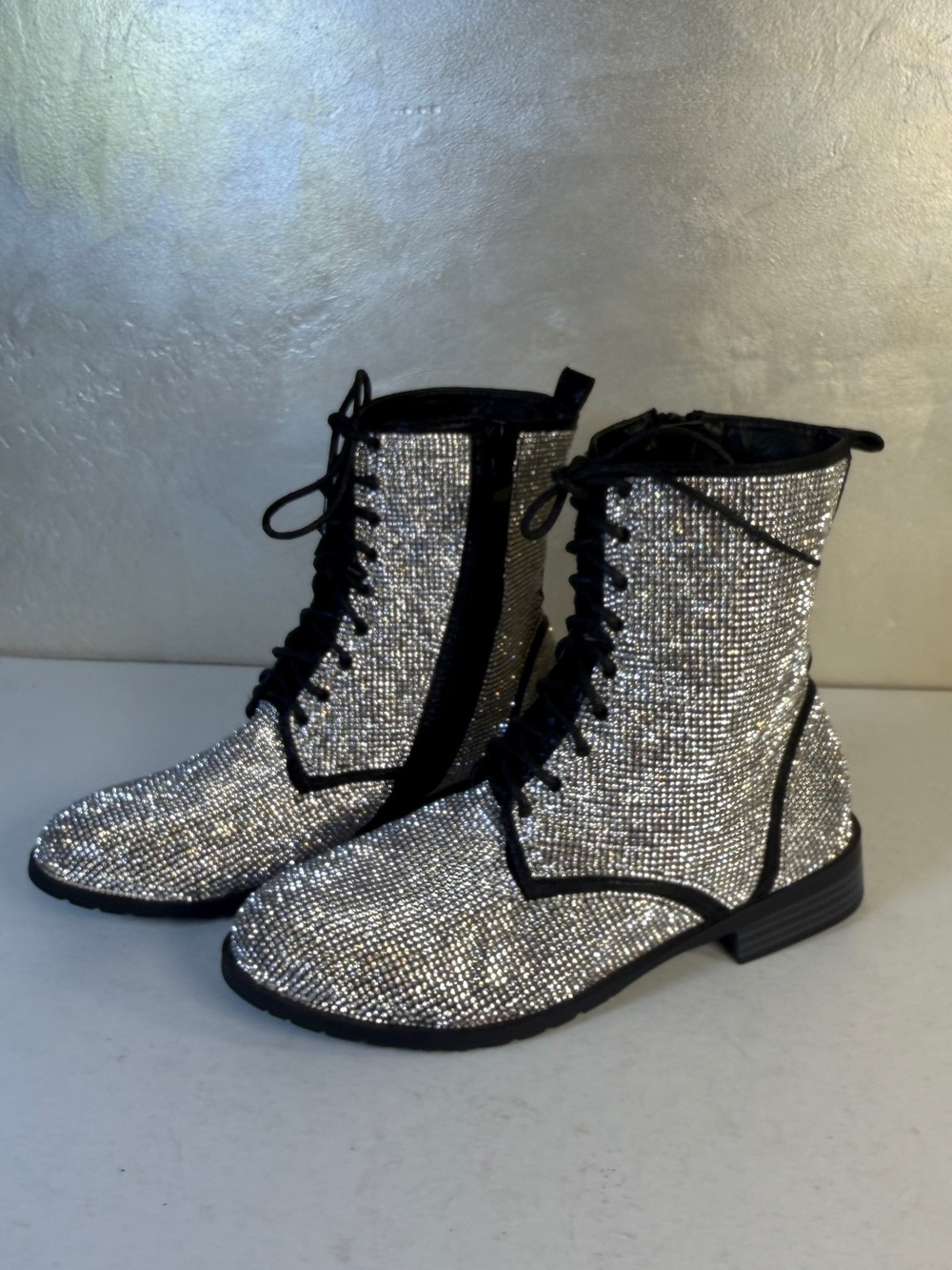 Forever Unique Silver Crystal Lace-Up Combat Boots